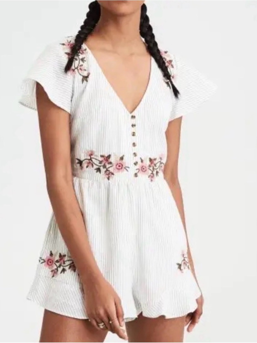 American Eagle Romper Size L White Striped Floral Embroidered Lined 100% Cotton